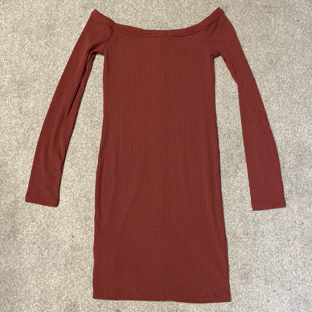 Forever 21 Rust Ribbed Button Down Off The Shoulder Long Sleeve Dress Size M - Picture 3 of 4